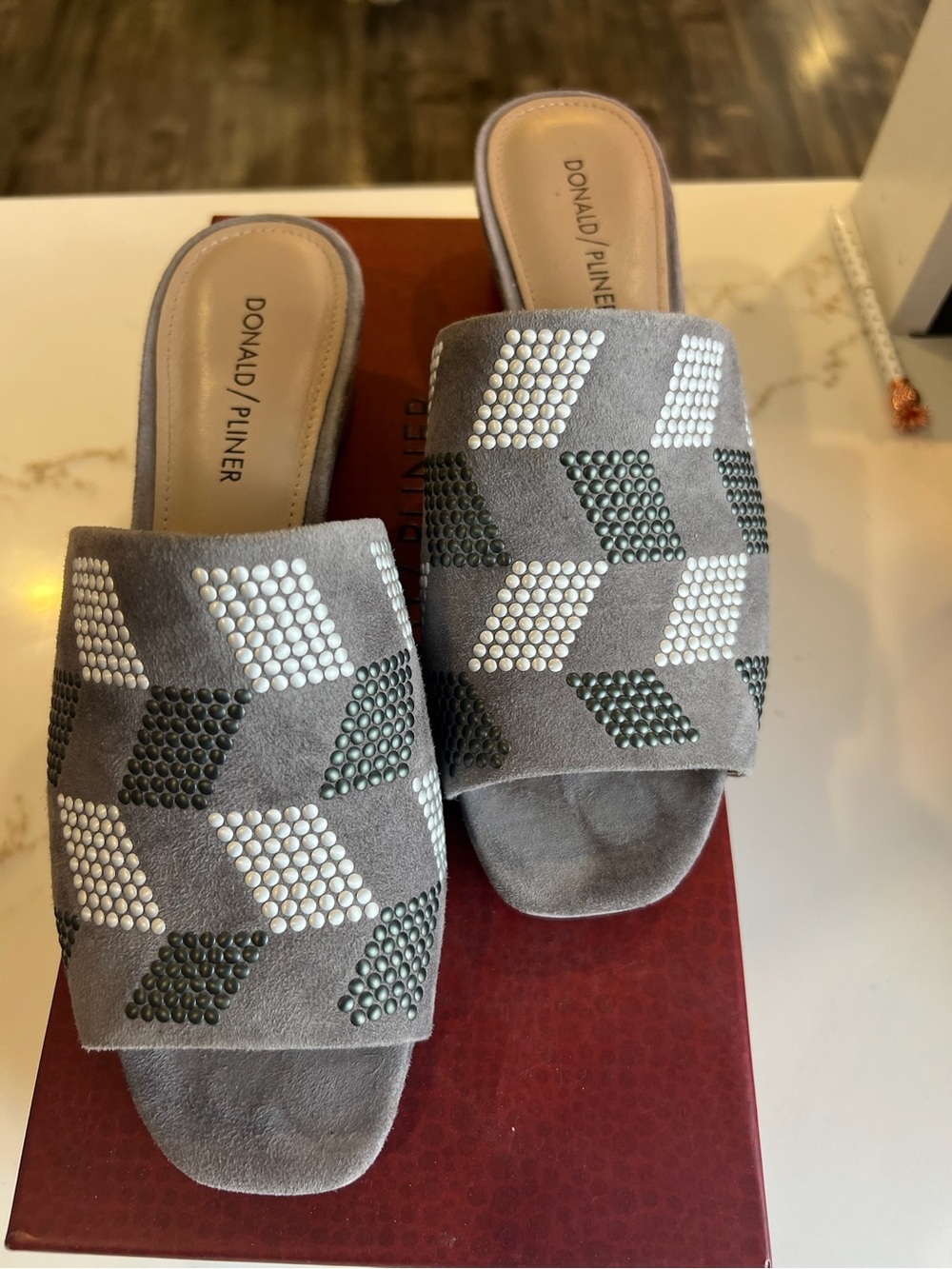 Donald J. Pliner Gray Suede Studded Slide open toe sandals new in box